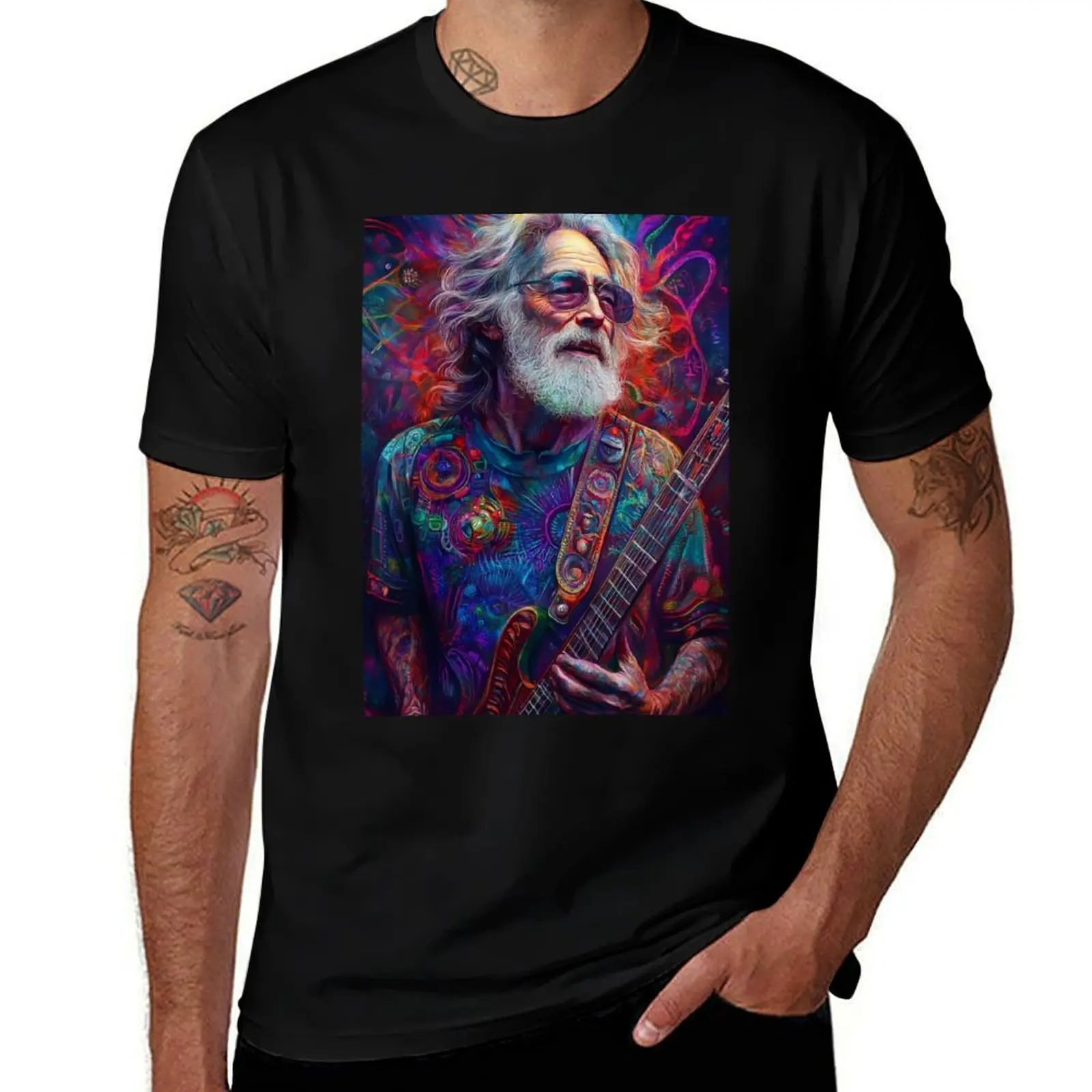 

Psychedelic Jerry Garcia Artwork – Guitar Legend Tribute-Vibrant Psychedelic Music Icon Design T-Shirt Work Duty Casual T-Shirt
