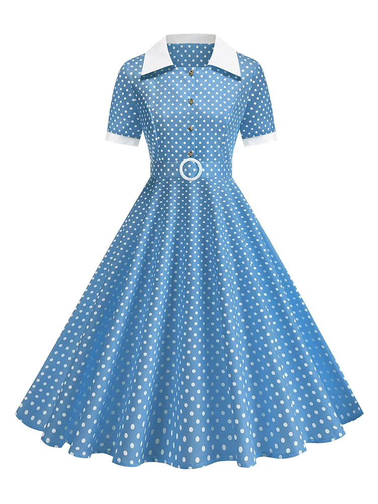 Vintage Women's Summer Dress Polka Dot Peter Pan Collar Sweet Short Sleeve A-Line for Diner & Party - view 4