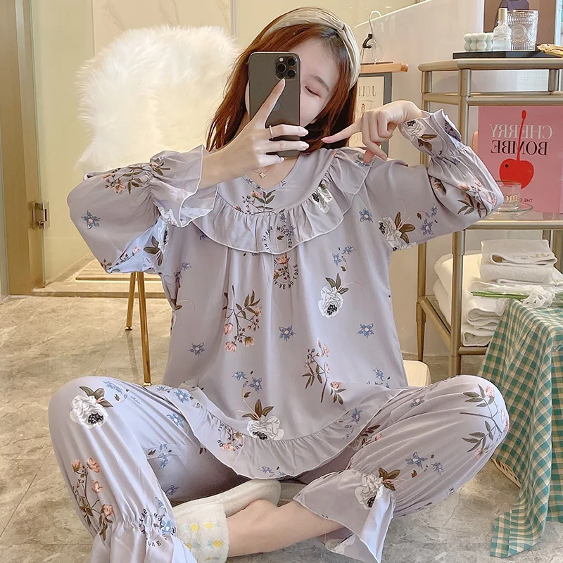 

Pajama Sets Women Long Sleeve Printing V-neck Ruffle Lace Fashion Loose Casual Chic Plaid Womens Thin Homewear Retro Elegant New
