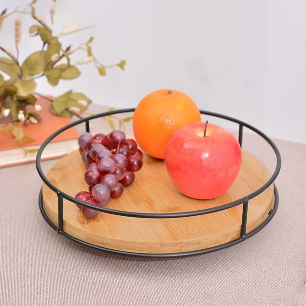 Round Wooden Kitchen Rotating Spice Rack with Metal Frame Non-Slip Base 360-degree Rotation Spice Tray Large Capacity