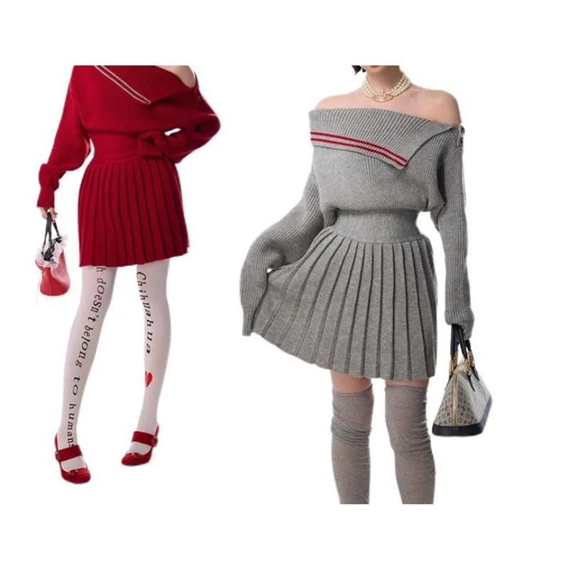 

French Preppy Style Irregular Contrasting Dress Autumn and Winter Gentle Wind Navy Neckline Waist Slimming Pleated Sweater Skirt