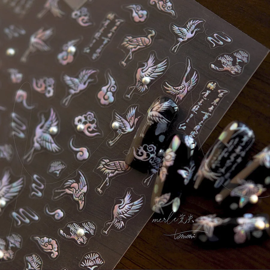 

1 Sheet Auspicious Crane Nail Stickers Press on Nails Rhinestone Glitter SelfAdhesive Cute Kawaii Nail Art Decals for Manicure