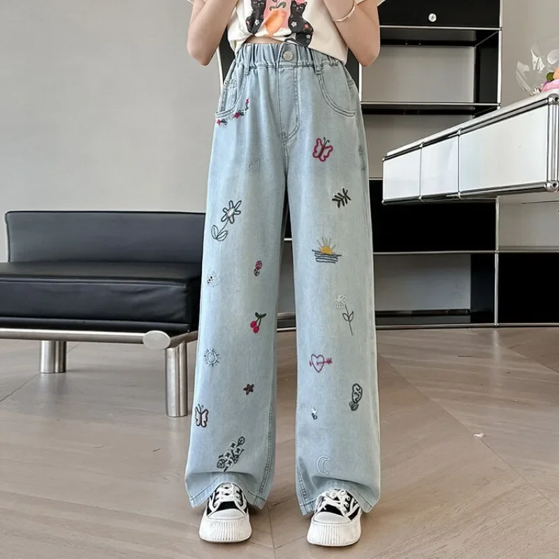 Girls Loose Wide-leg Jeans Trousers Children Butterfly Embroidery Straight Denim Pants Spring Autumn Casual Clothing 5-12 Years