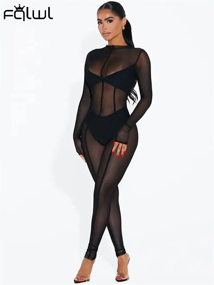 

Habbris Sexy Long Sleeve Mesh Jumpsuits Club Outfits For Women Autumn See Through Ins Activewear Ribbing Patchwork Romper