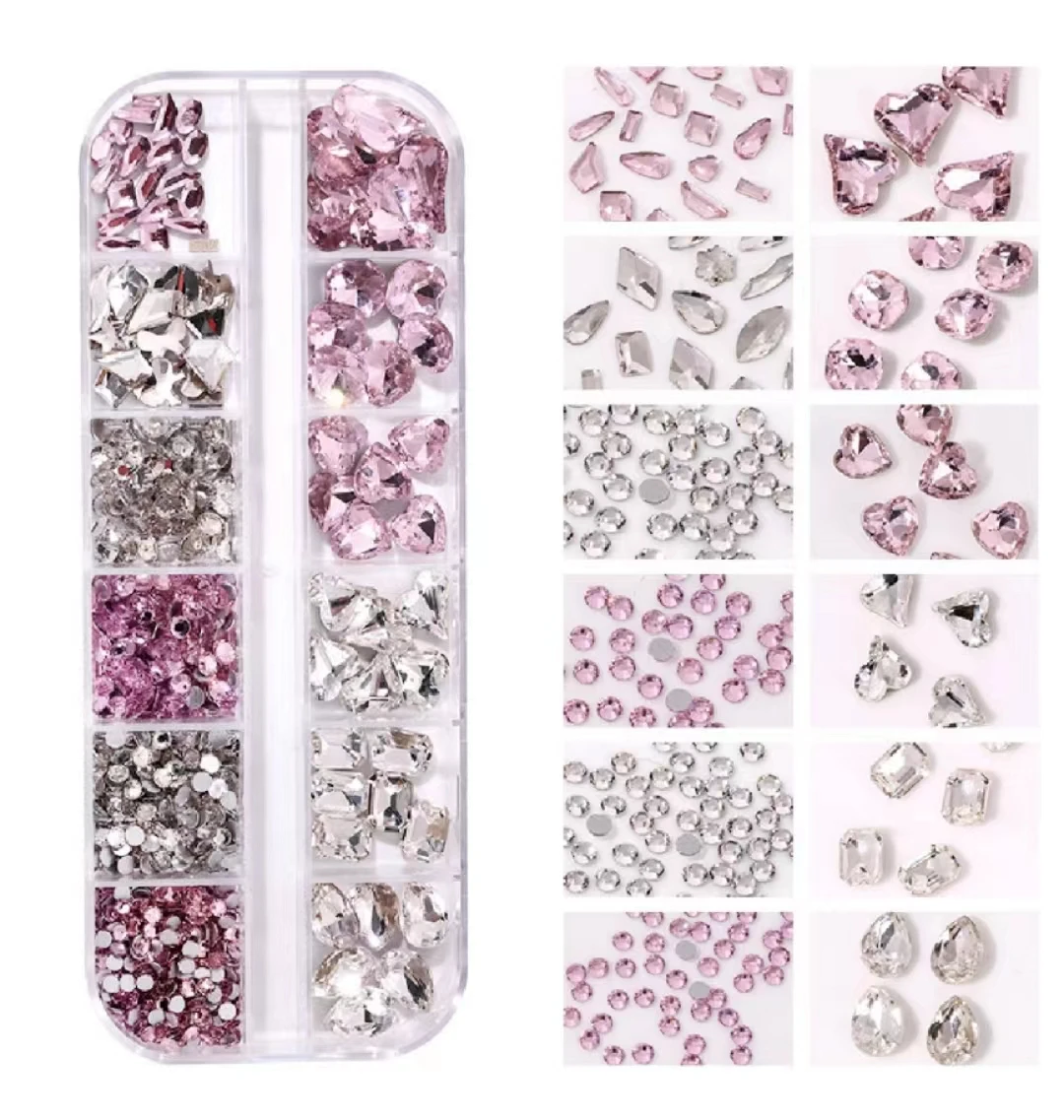 New Mixed 12 Grid Colored Diamond Nail Art Creation Nail DIY Sticking Alien Diamonds