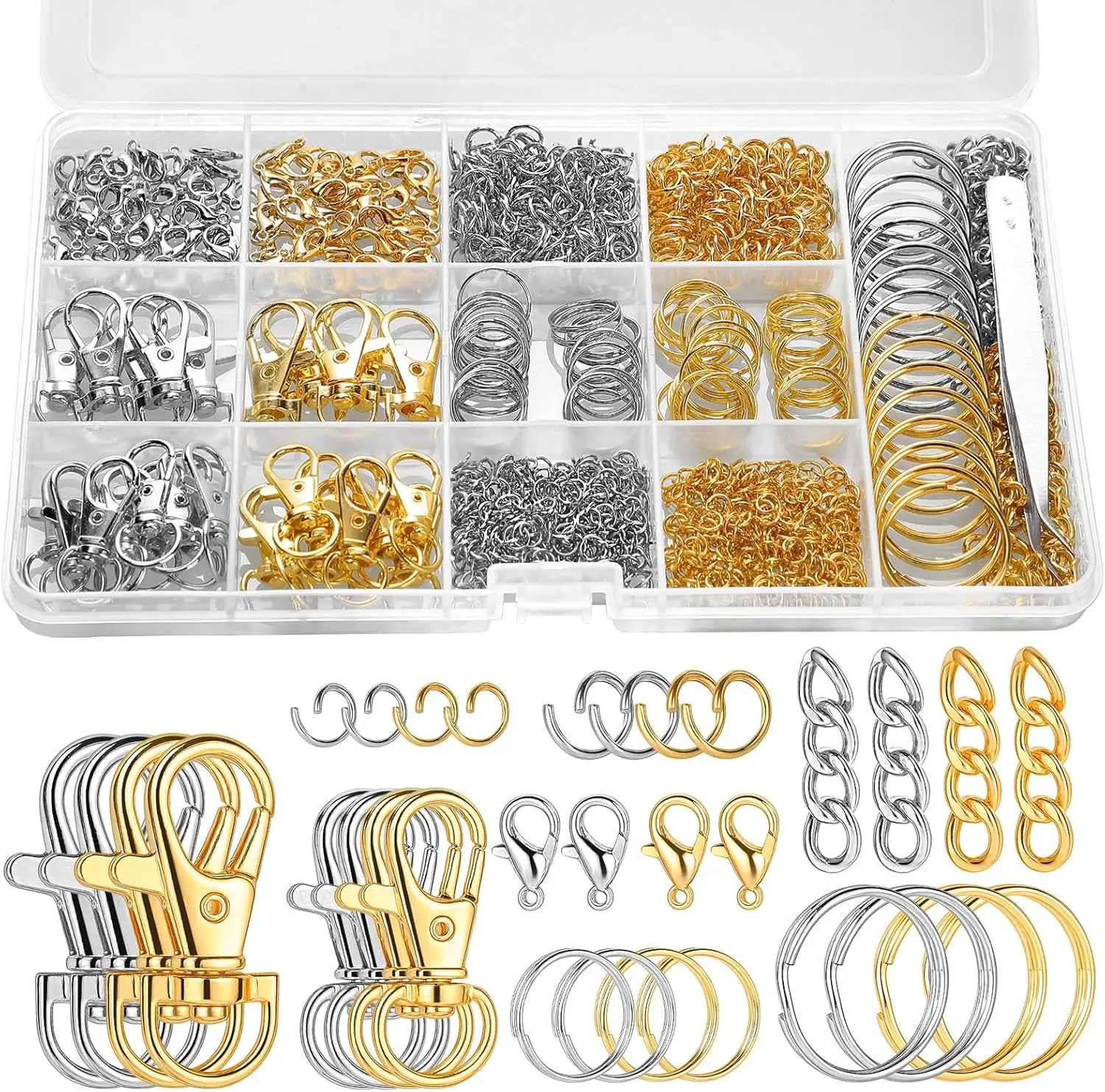 

1130-Pcs Keychain Set: Jewelry jump rings, DIY keychain supplies, bulk pack, metal crab clasps, swivel clasps, craft accessories