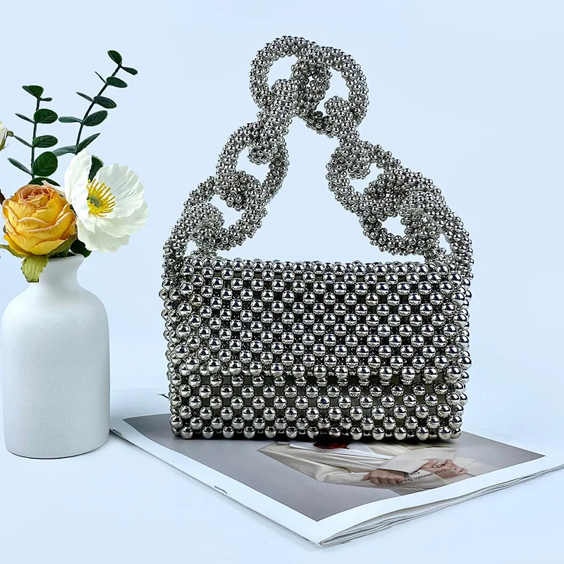 High Quality Silver Acrylic Beaded Evening Bag Luxury Design Heavy Beaded Small Square Bag Female Wedding Party Shoulder Bag