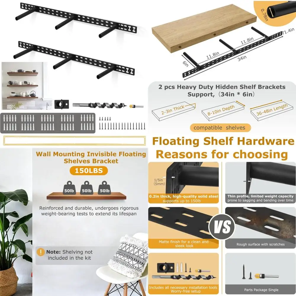 

Large 34 x 6 Heavy Duty Solid Steel Floating Shelf Brackets, Hidden Mounting Hardware, Thickened Wall Support for Sturdy Shelves