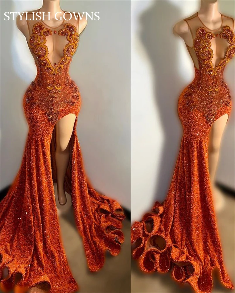 Orange Sheer O Neck Long Prom Dress For Black Girls Beaded Crystal Birthday Party Dresses Sequined Evening Gowns Mermaid High