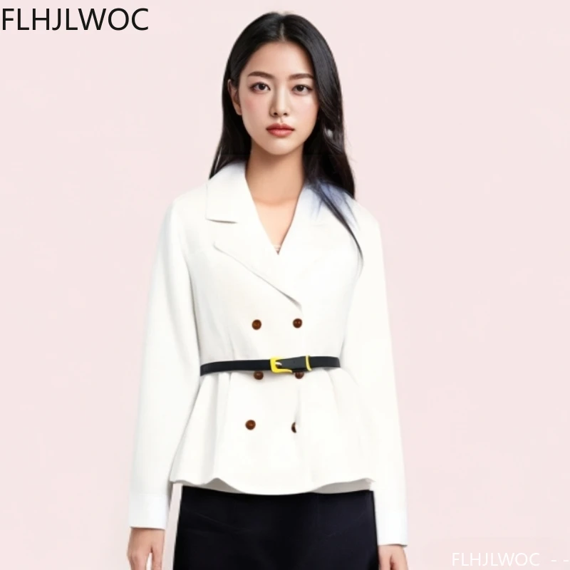 

Double Breasted Button White Shirts With Belt Office Lady Chic Fashion Women Long Sleeve Elegant Peplum Tunic Retro Vintage Tops