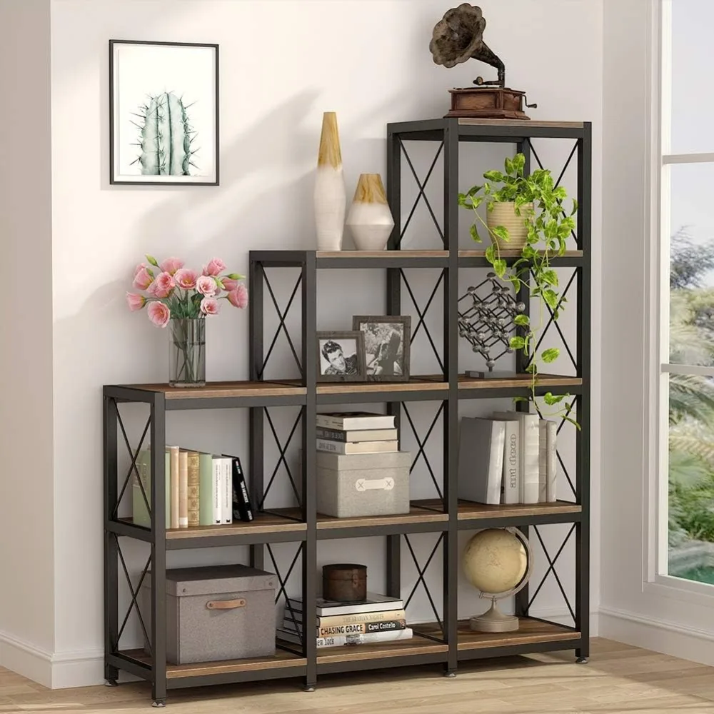 12 Shelves Bookshelf, Industrial Ladder Corner Bookshelf 9 Cubes Stepped Etagere Bookcase, Rustic 5-Tier Display Shelf