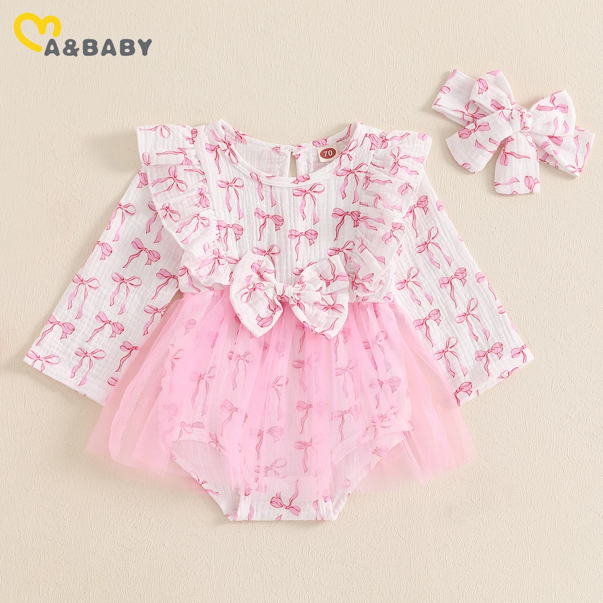 

ma&baby 0-18M Baby Girls Romper Newborn Infant Toddler Baby Bow Print Tulle Long Sleeve Jumpsuit Headband Fall Adorable Outfits