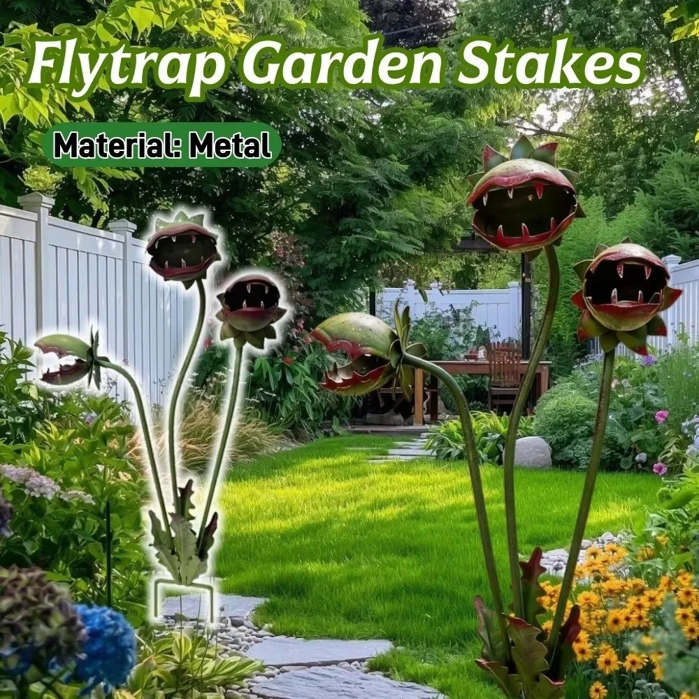 Creative Colorful Painted Metal Flytrap Garden Stake Rust-proof 3-Head Iron Garden Stake Wrought Iron Yard Art Lawn Landscape