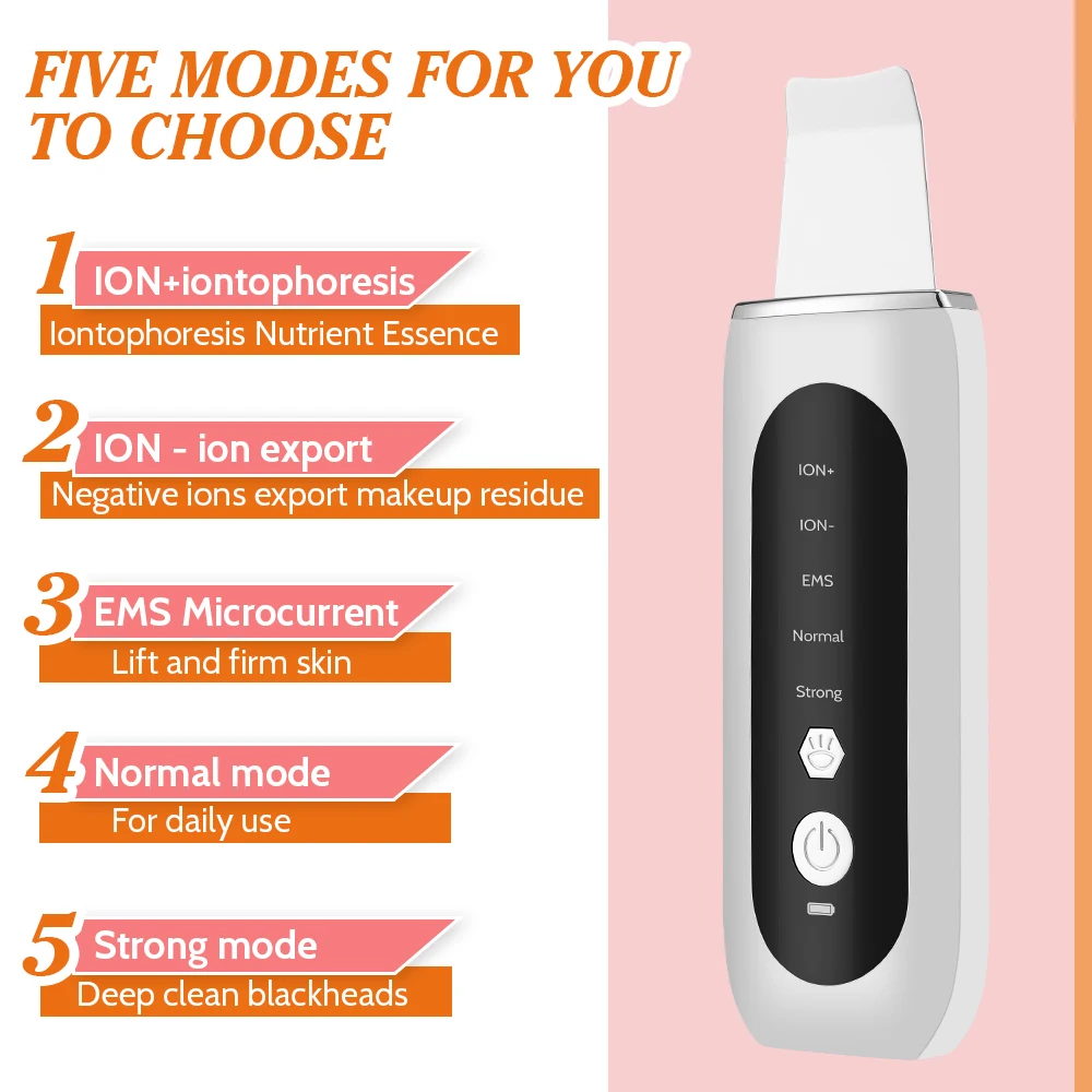 Depurador ultrassônico da pele, pá de descascamento, luz azul, cuidados com a pele, limpeza profunda do rosto, máquina de levantamento facial, dispositivo micro corrente ems
