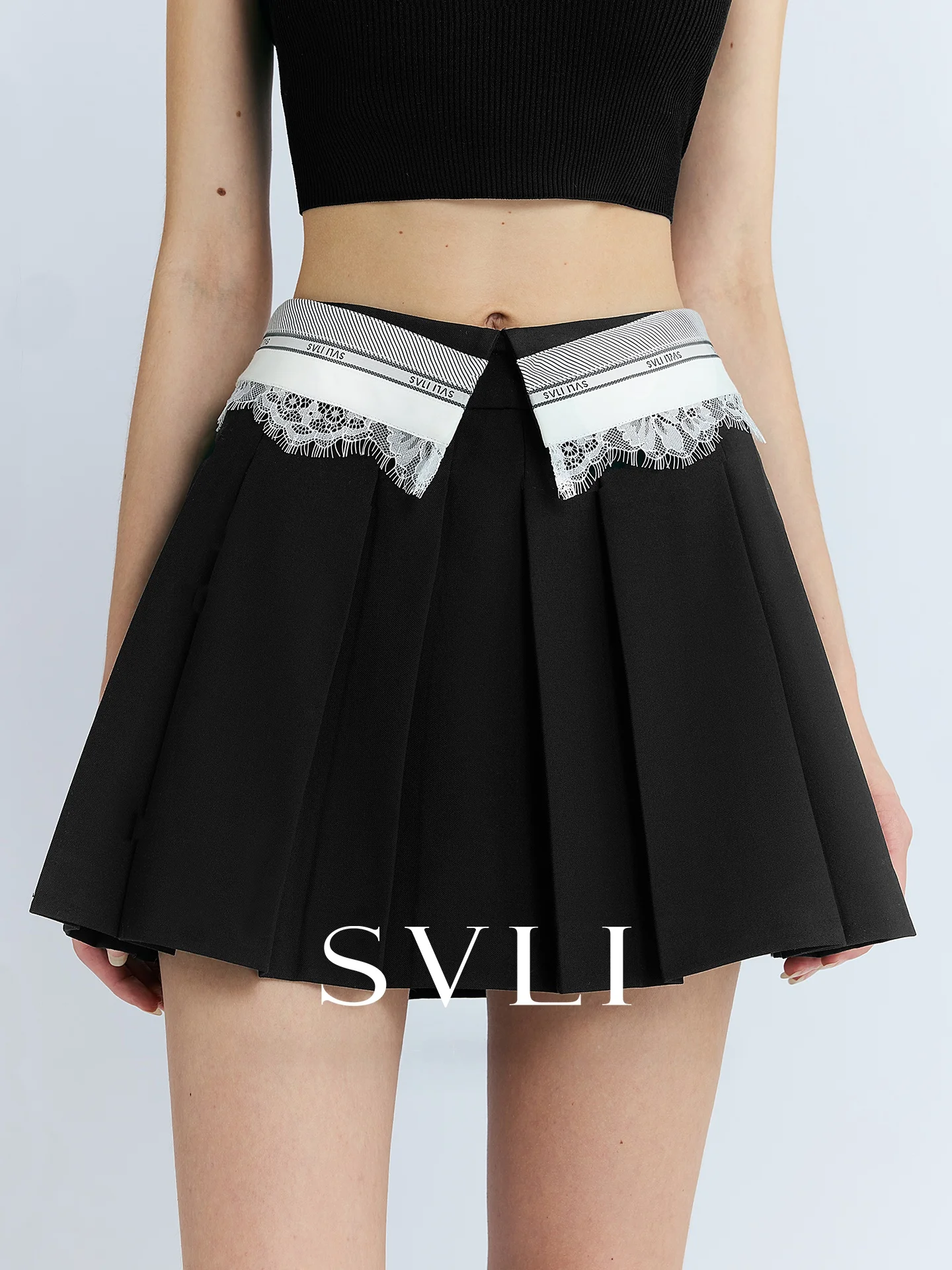 

SVLI Color Block Lace Waist Seal Wide Leg Pants Pleated Skirt Women's mid Waist Embroidered Hollow out Design Spring Fashion