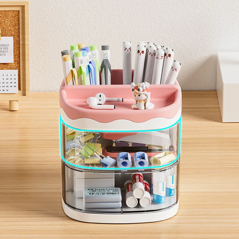 Practical Double Layers Rotating Pencils Storage Rack Multi-Functional Desk Organizer Pen Holder Student Cosmetics Storage Shelf