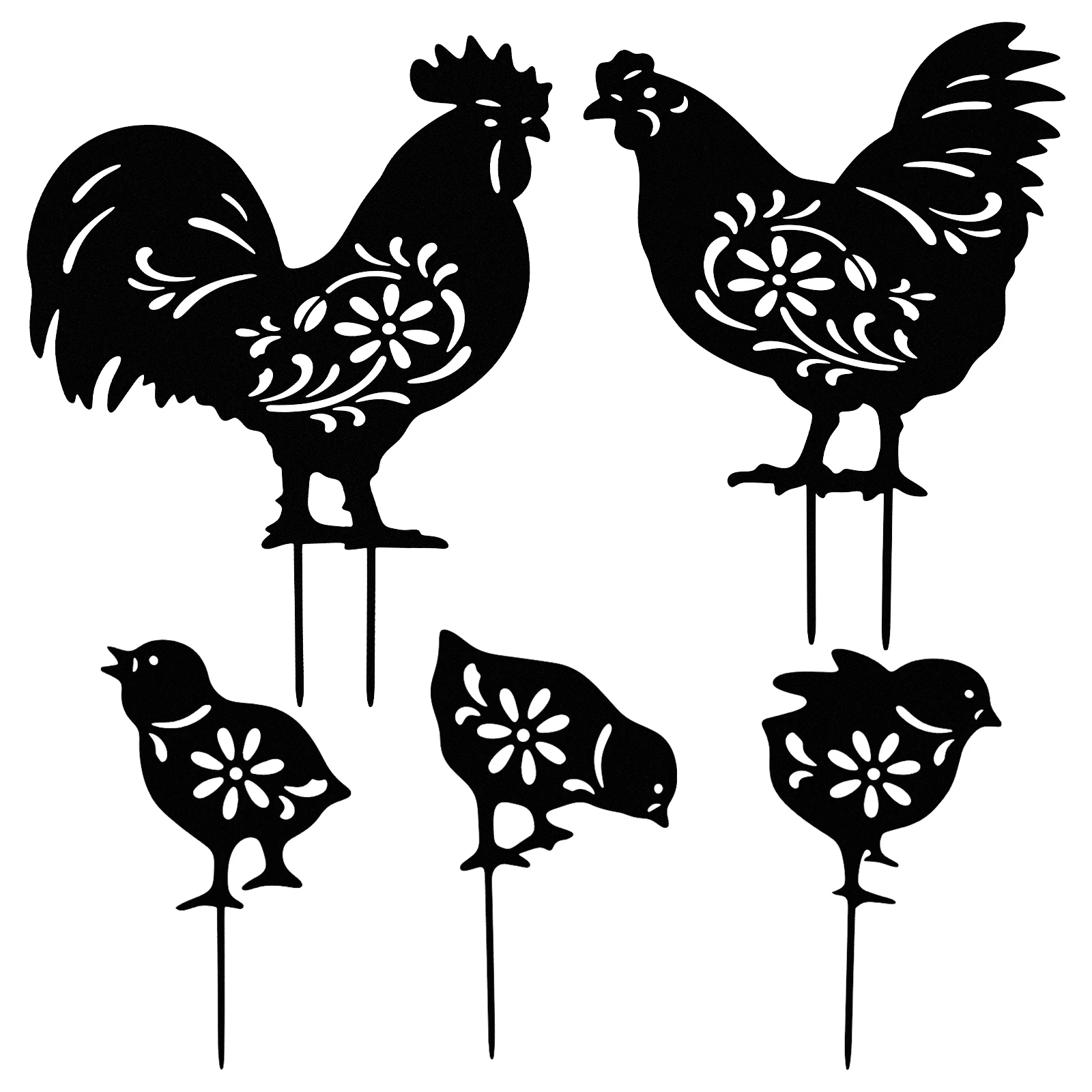 5PCS Garden Chicken Silhouette Decoration Metal Chicken Set Lawn Stake Decoration Suitable for Outdoor Yard Garden Crafts