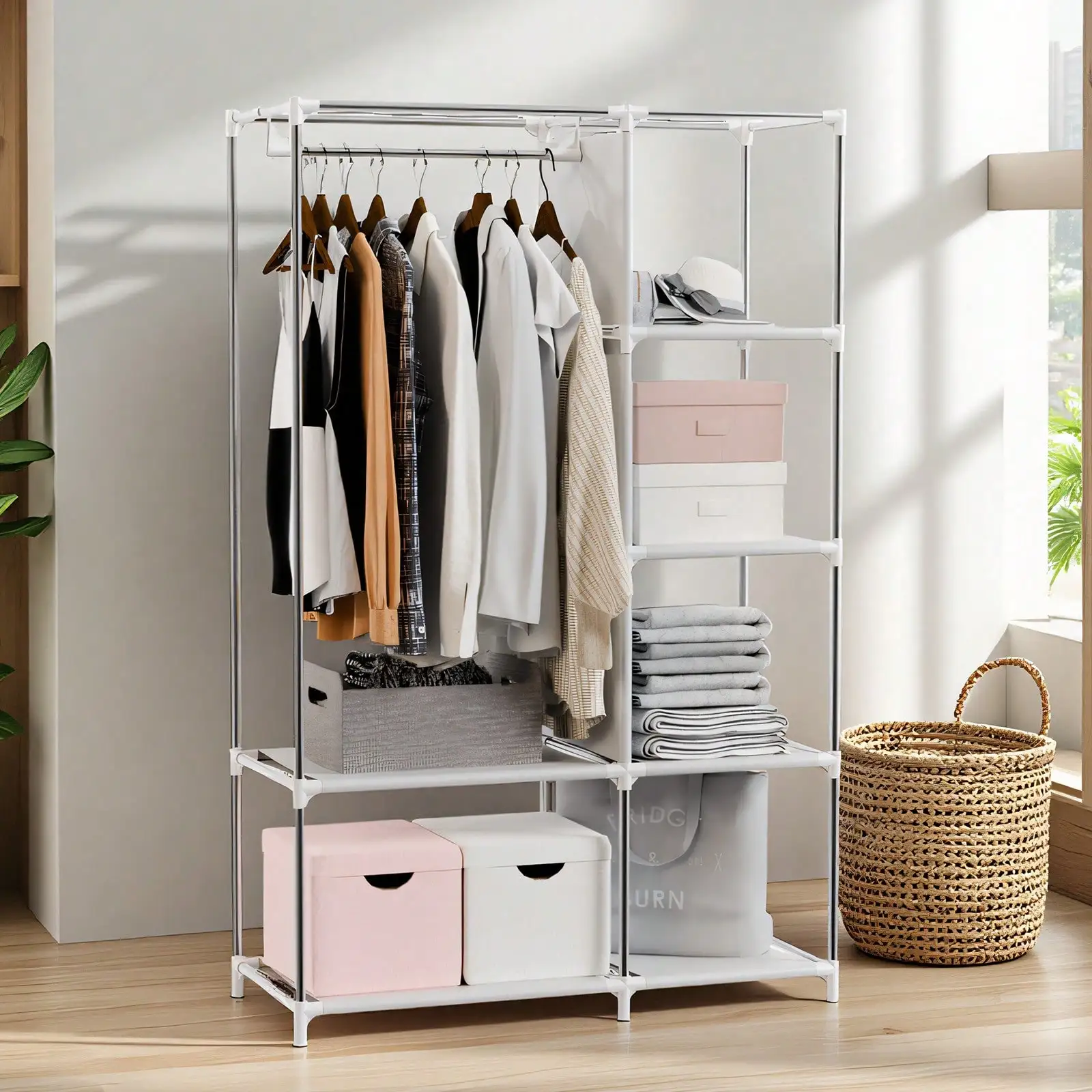 Garment Rack,Clothing Racks For Hanging Clothes ,No-Assembly Portable Closet, Wardrobe Organizer, Portable Wardrobe With 6 Shelves & 1 Hanging Rod, 4 Side Pockets, For Bedroom, Living Room, Cloakroom, Garage, Dorm, Apartment view 4