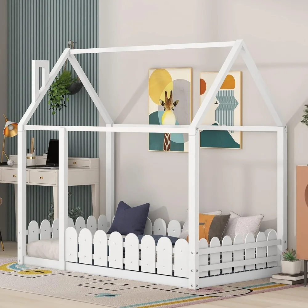 

Кровать Harper & Bright Designs House Bed Twin Kids Bed Floor Каркас кровати с крышей и ограждением, Box Spring Needed, для малышей, детей, подростков