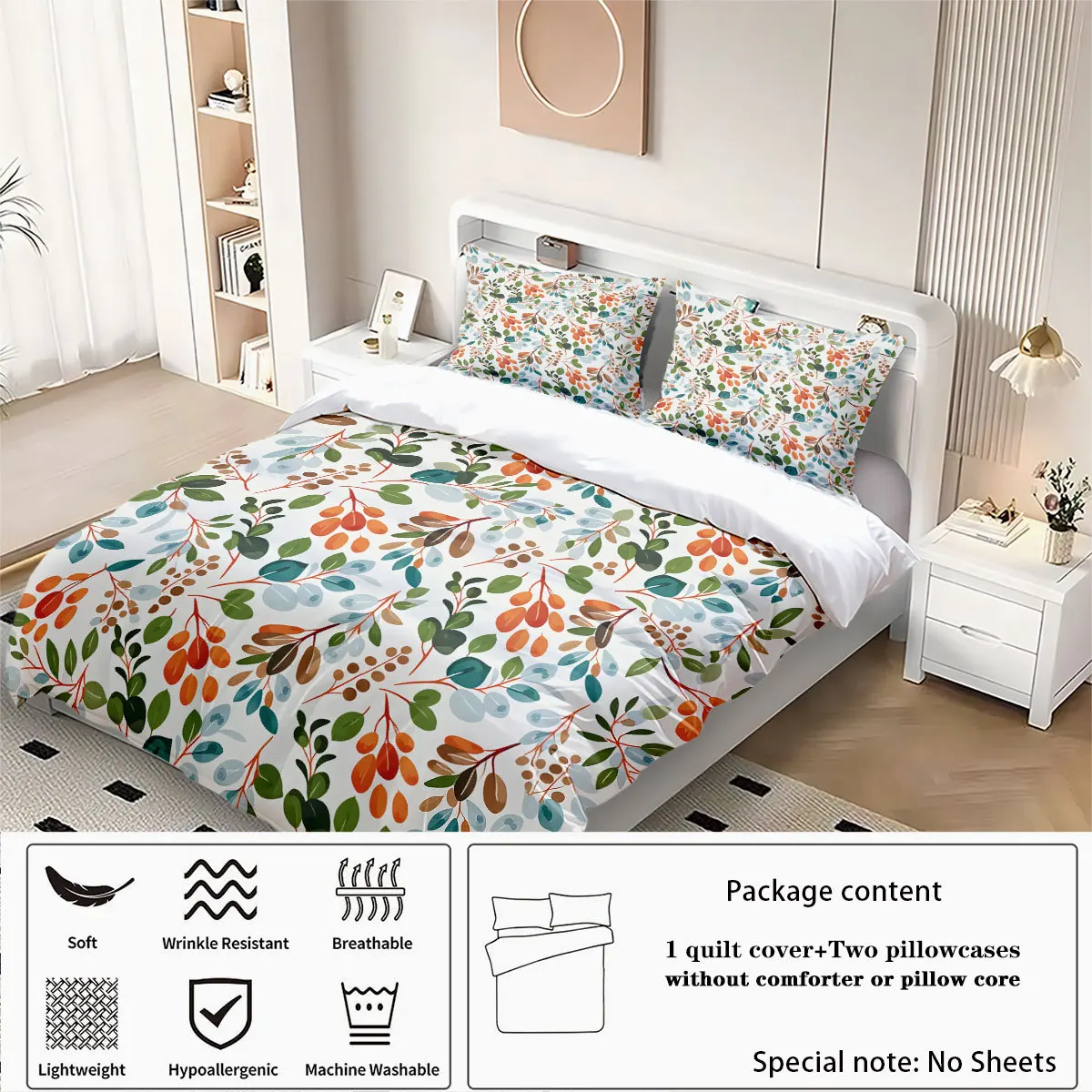 Floral Pattern Bedding Set 3D Print Soft Duvet Cover for Home Bedroom Dormitory Decor, 1 Duvet Cover and 2pillowcase with Zipper