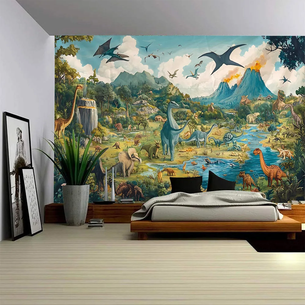 

Гобелен мира динозавров, примитивный лес животных, богемный психоделический, пляжное полотенце, постер из ткани для украшения дома