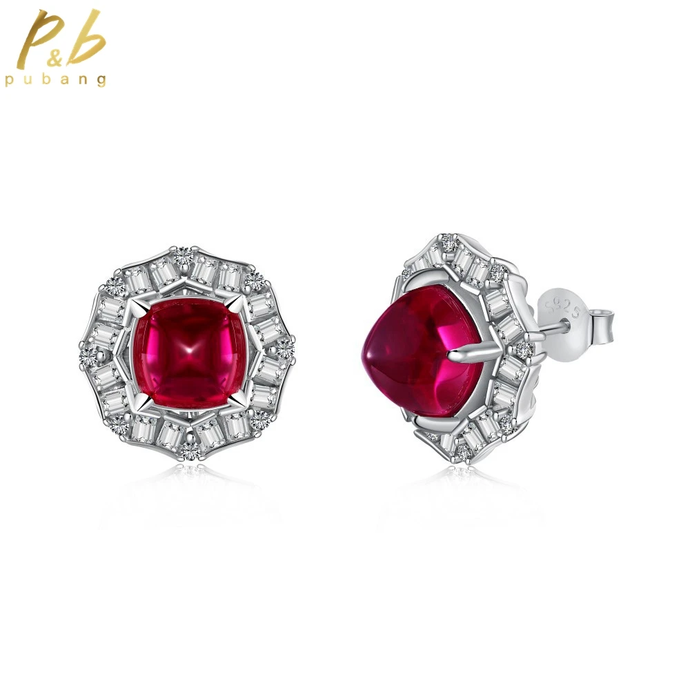 

PuBang Fine Jewelry Vintage Ruby Gemstone Stud Earrings 100% 925 Sterling Silver Created Moissanite for Women Gift Free Shipping