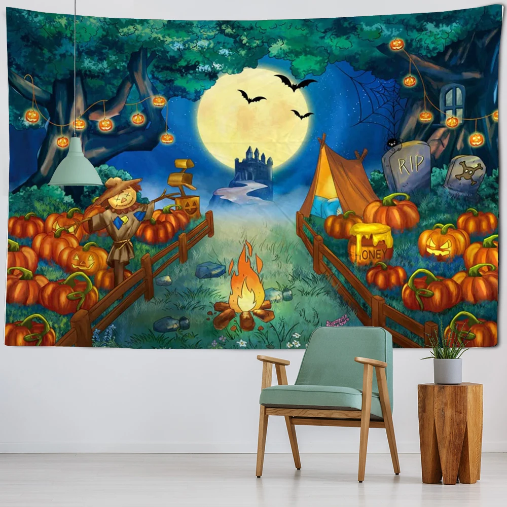 Home Decor Horror Spooky Castle Pumpkin Tapestry Kids Room Bedroom Living Dining   Fun Halloween Wall