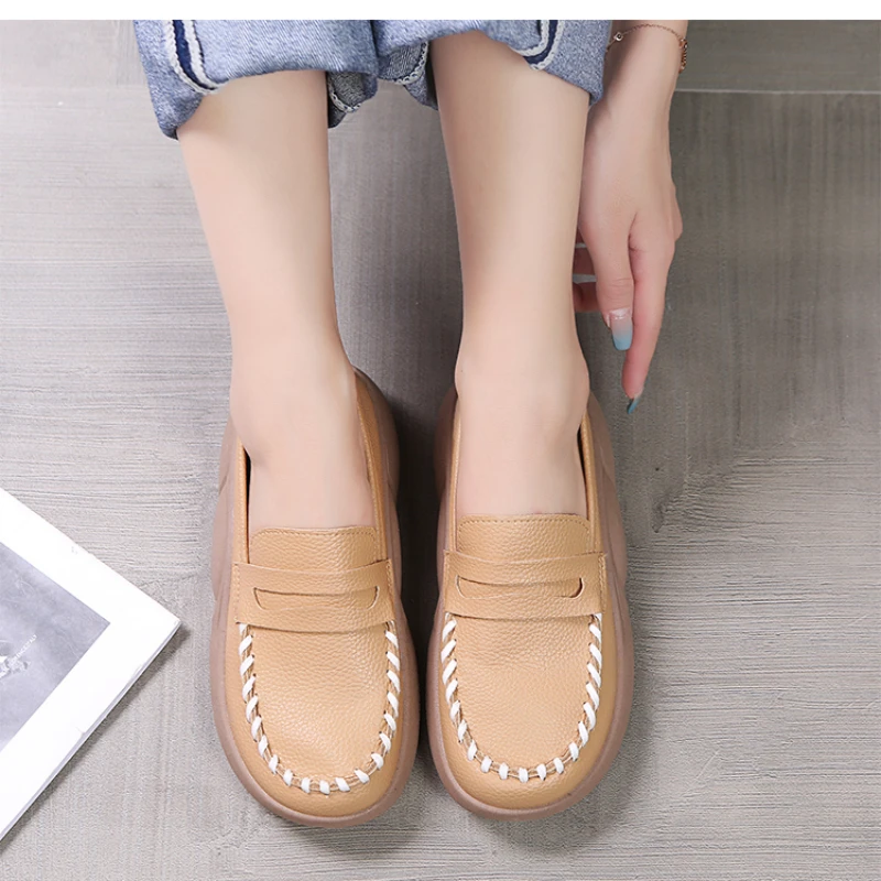 Round head fashion leather flat shoes women\'s outer seam platform shoes 2023 spring and autumn new