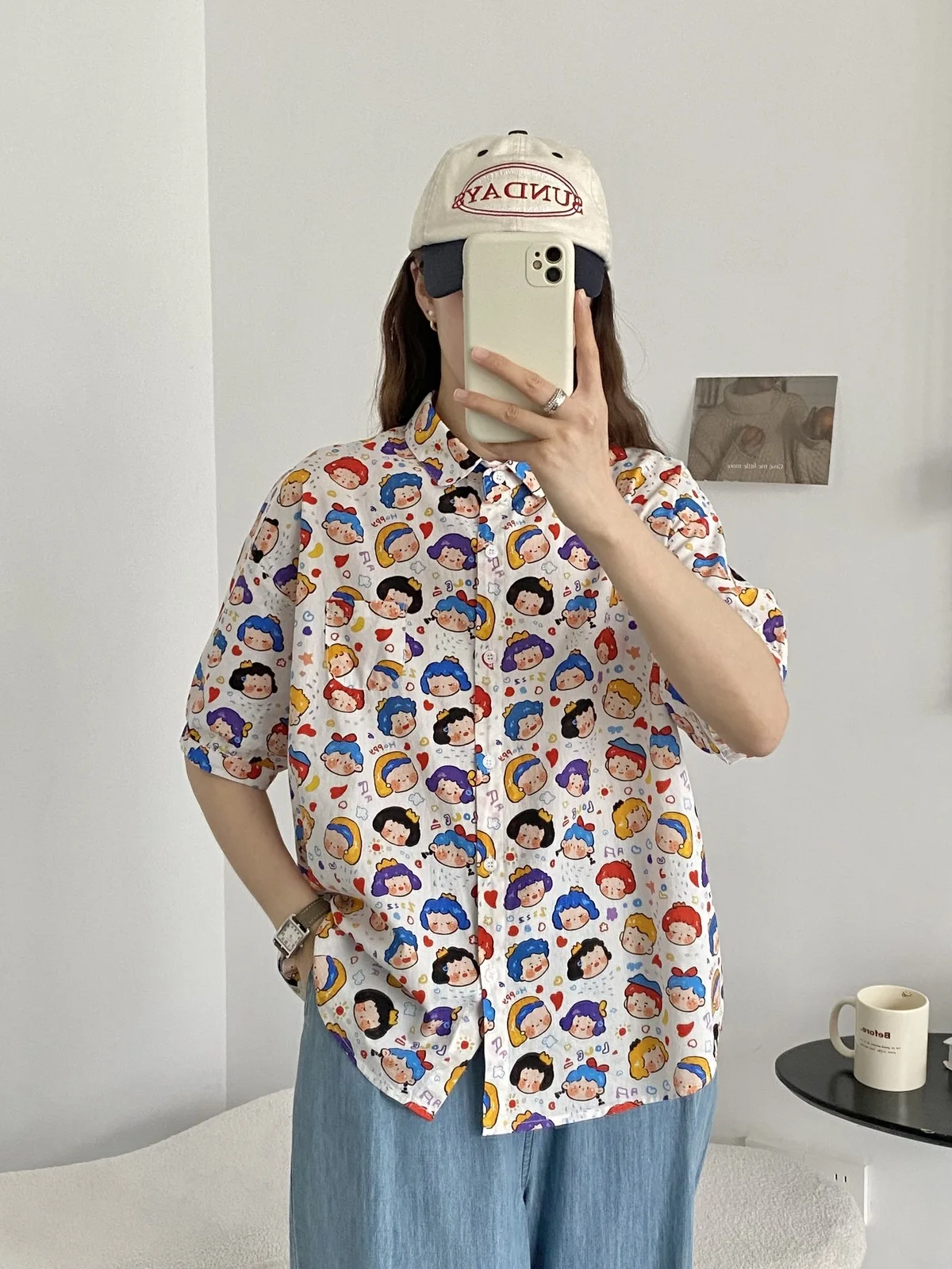 New Spring Cotton Shirts Women Short Sleeve Cute Cartoon Printed Tops Girl Sweet Casual Loose Blouses 2024 Summer T44372QM