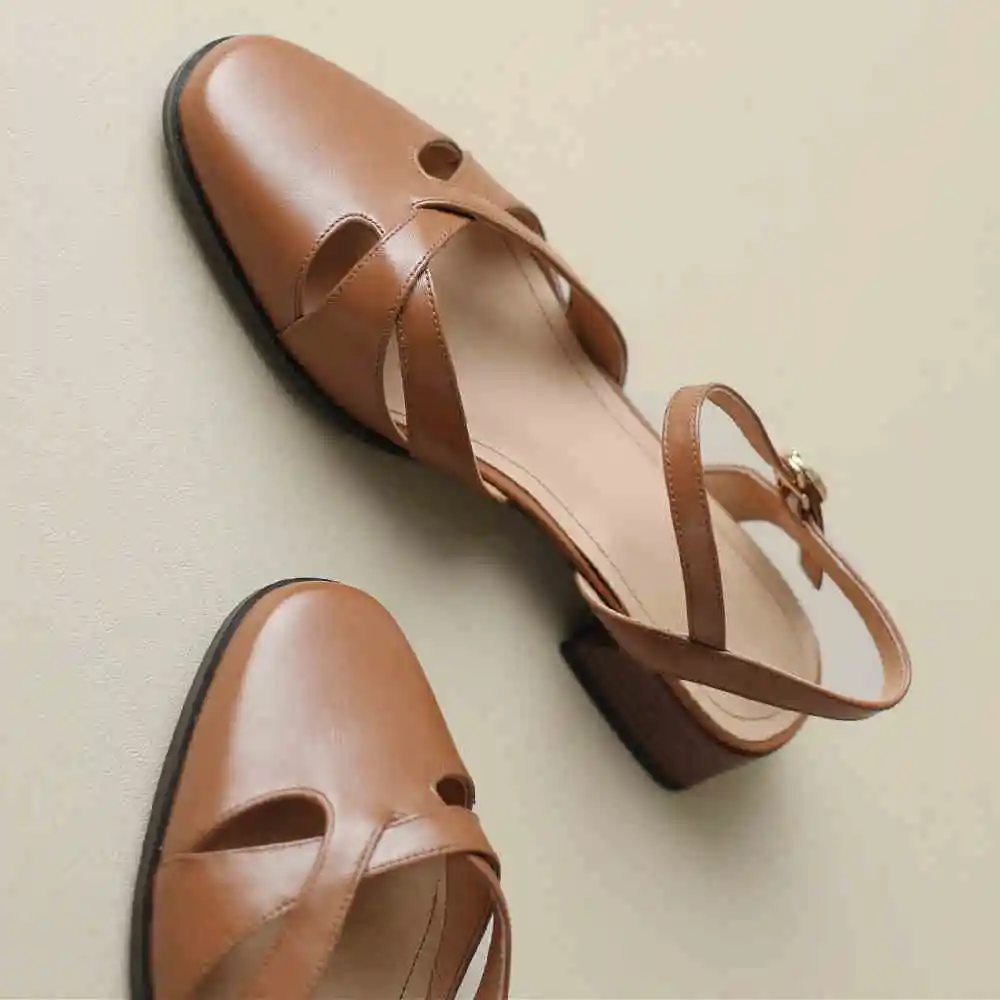 Women\'s sandals summer 2023 cow leather round toe ankle strap flats sandals british style hollow-out narrow band summer shoes