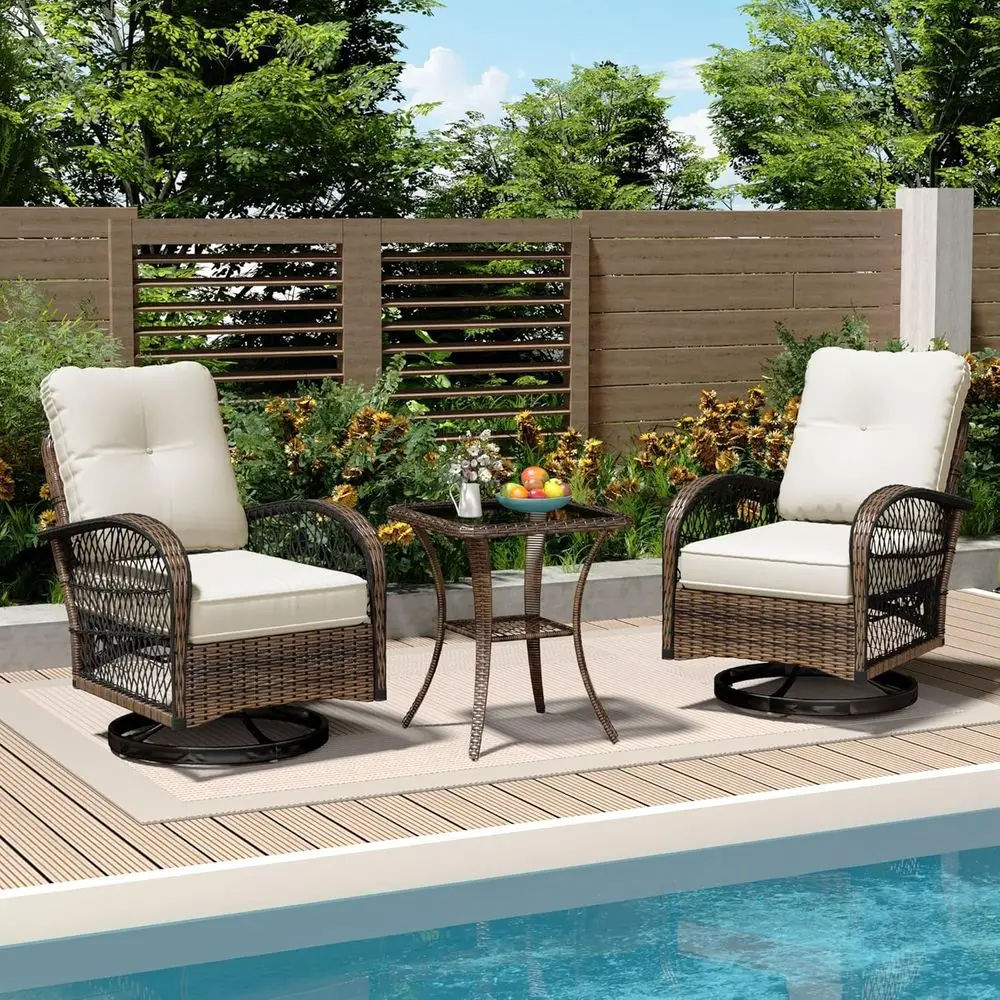 

3-Piece Outdoor Swivel Rocking Patio Furniture Set with Wicker Bistro, Cushioned Chairs, and Glass Top Table in Beige