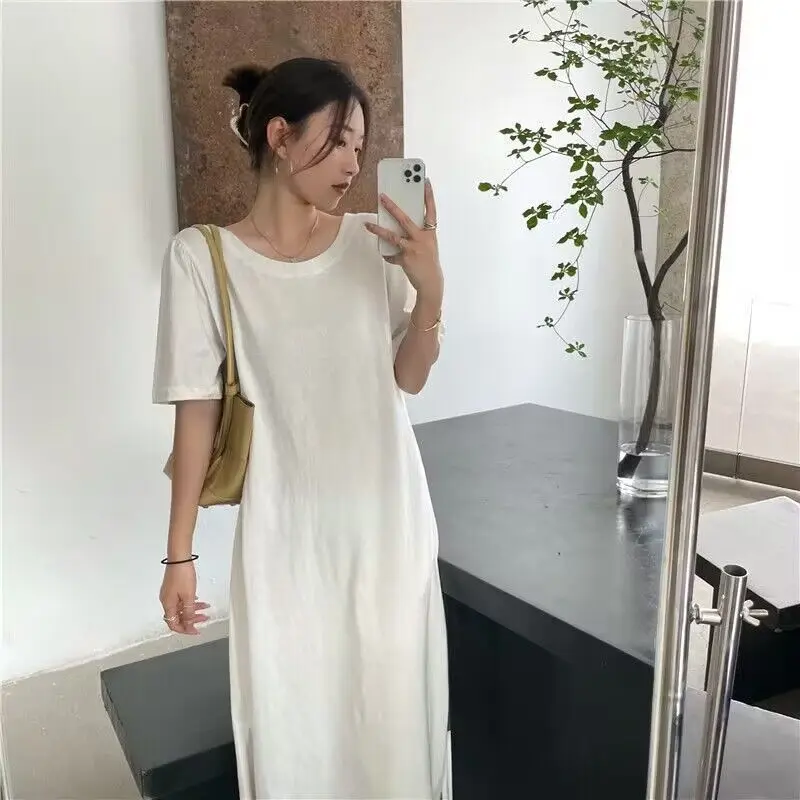 シンプルさ背中の開いた半袖ファッション Tシャツドレス夏ルーズリボンパッチワークカジュアルミディドレス韓国トレンド女性服
