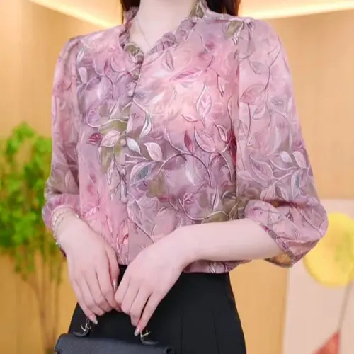 Blusa con volantes y estampado Floral Vintage para mujer, camisa elegante de manga tres cuartos con cuello redondo, Tops informales sueltos y elegantes para primavera y verano
