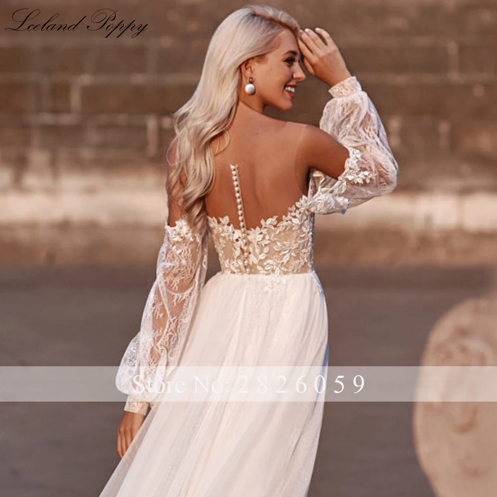 Lceland papoula personalizado uma linha colher pescoço vestido de casamento até o chão lanterna mangas rendas apliques glitter tule vestidos de noiva