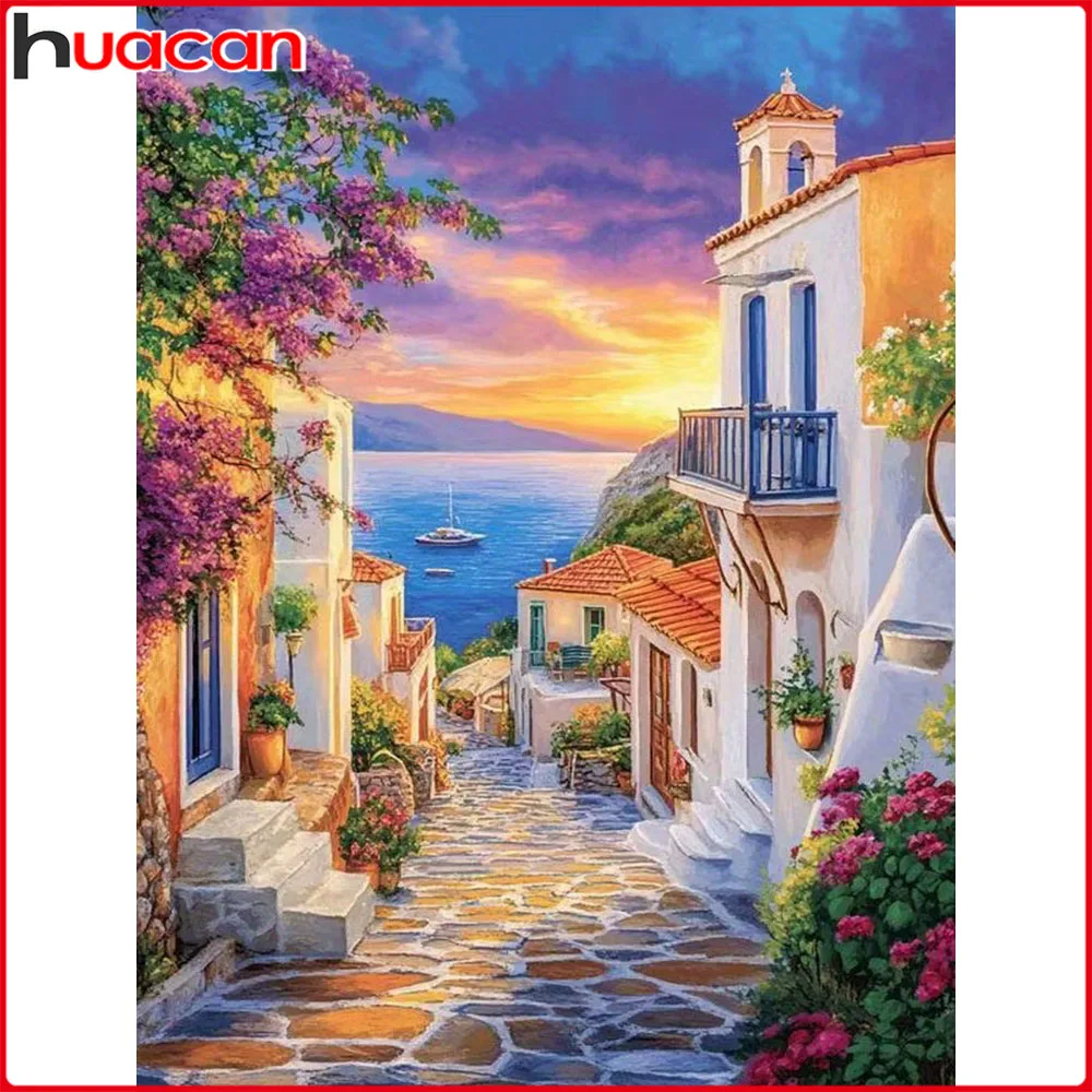 Huacan 5D-Diamantgemälde zum Selbermachen, Sonnenuntergang, Straßenhaus, Diamantmosaik, Landschaft, neue Kollektion 2025, dekorative Gemälde