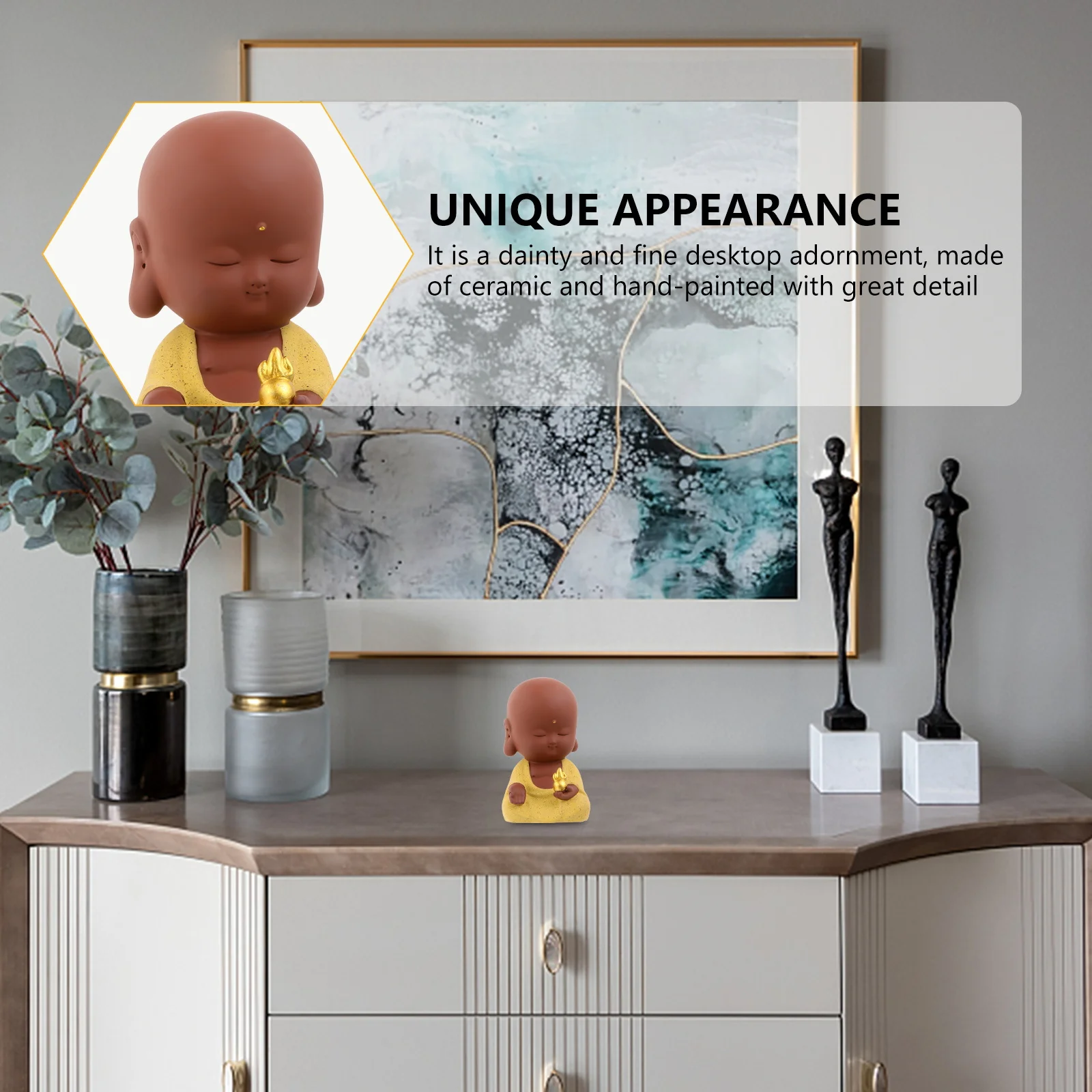 

1Pcs Small Ceramic Buddha Statue Hand Painted Monk Ornament Desktop Temple Car Decoration Buddha Statue