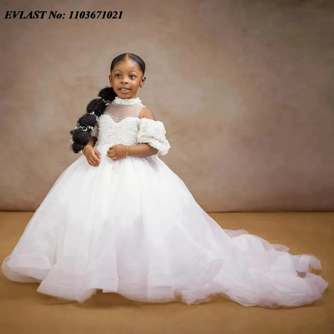 

EVLAST Customized Ball Gown Flower Girl Dress For Weddings Beaded Pearls Little Girls Pageant Holy First Communion Gown FD60