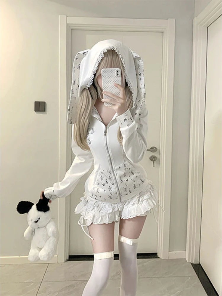 

Винтажная милая толстовка с капюшоном в стиле Харадзюку Y2k, женская свободная толстовка с длинными рукавами и кружевными кроличьими ушками, пальто на молнии, осенние повседневные элегантные модные топы