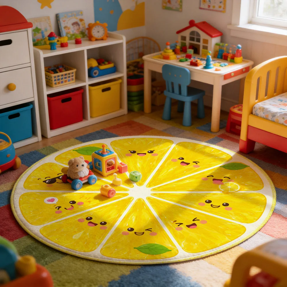 Cute Lemon Slice Cartoon Character Round Area Rug for Kitchen Bathroom Nursery Playroom Decor