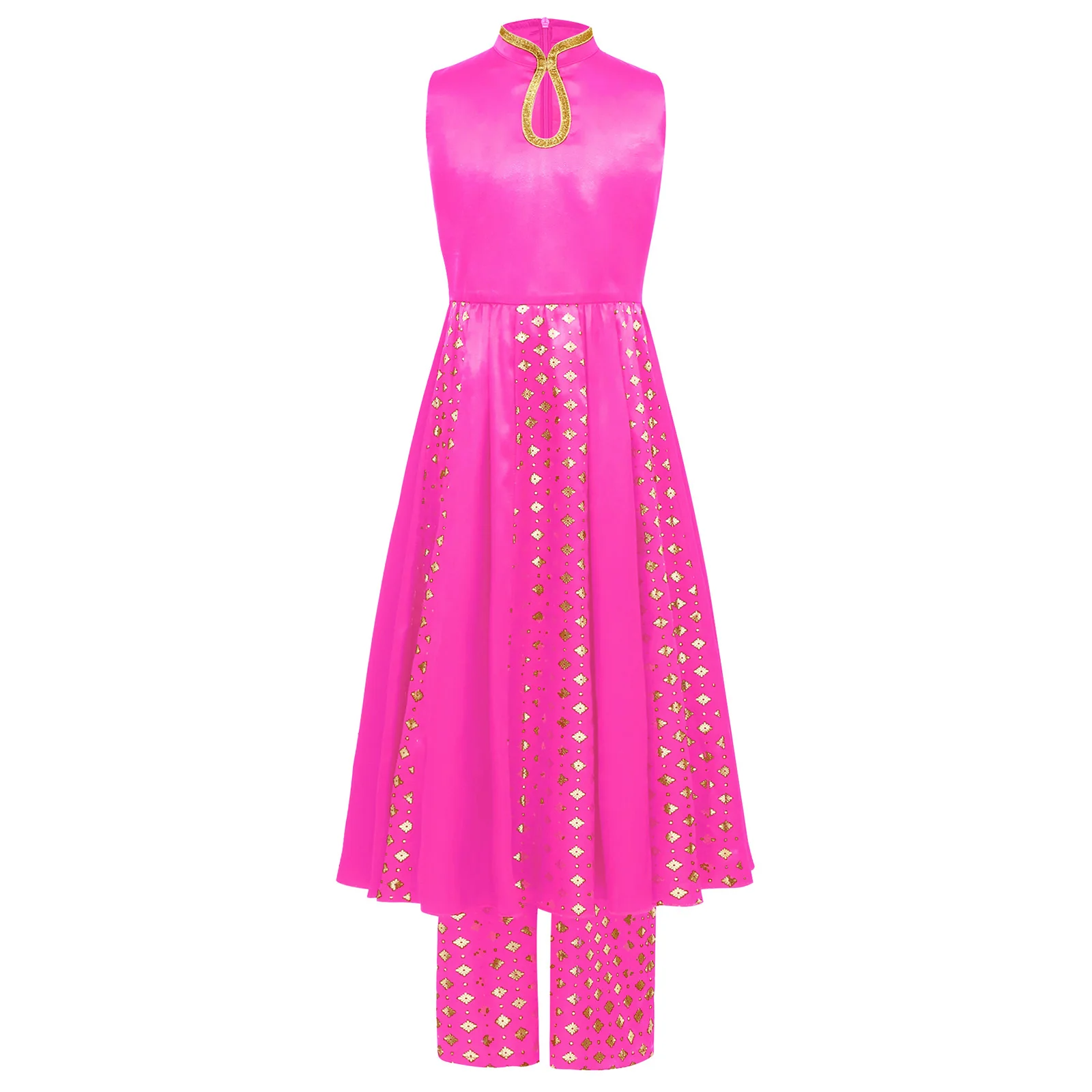 Girls Indian Traditional Ethnic Outfit Kids Princess Metallic Floral Print Salwar Suit Sleeveless Dress with Elastic Waist Pants