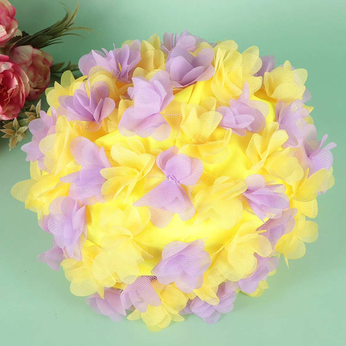 1 قطعة قبعة السباحة زهرة المرأة خفيفة الوزن ثلاثية الأبعاد الأزهار حماية الأذن قبعة السباحة مريحة موضة حمام سباحة الشاطئ الأصفر الأرجواني