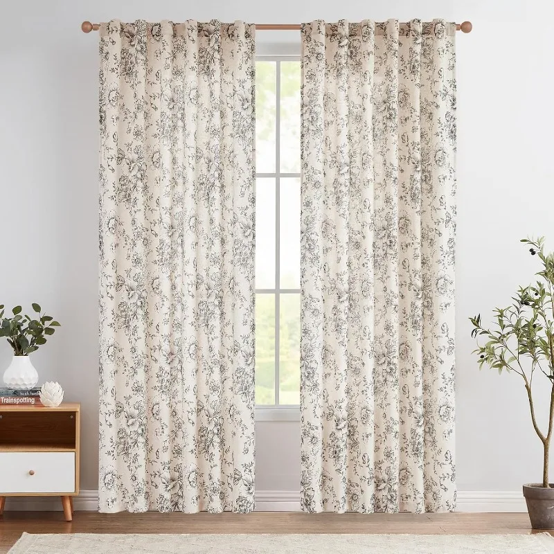 Linen Blend Curtains Floral Curtains for Living Room 90 Inch Length Black Printed Curtains Rod Pocket Back Tab Farmhouse Peony