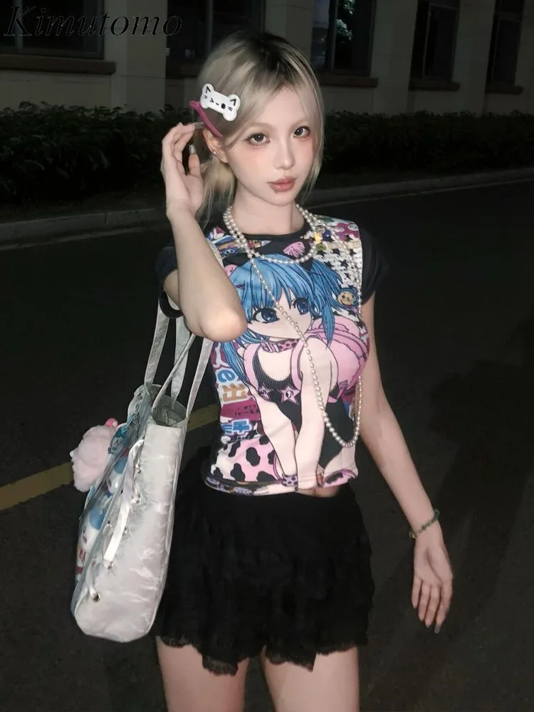 

Kimutomo Y2k T Shirts Women Vintage Cartoon Printed Short Sleeve Slim Crop Tops Sexy Harajuku Gothic Ladies Casual Tshirt