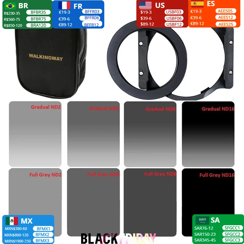 Walking Way 150*100mm square ND filter kit set Neutral Density ND2 ND4 ND8 ND16 filter holder & 67/72/77/82/86mm adapter ring