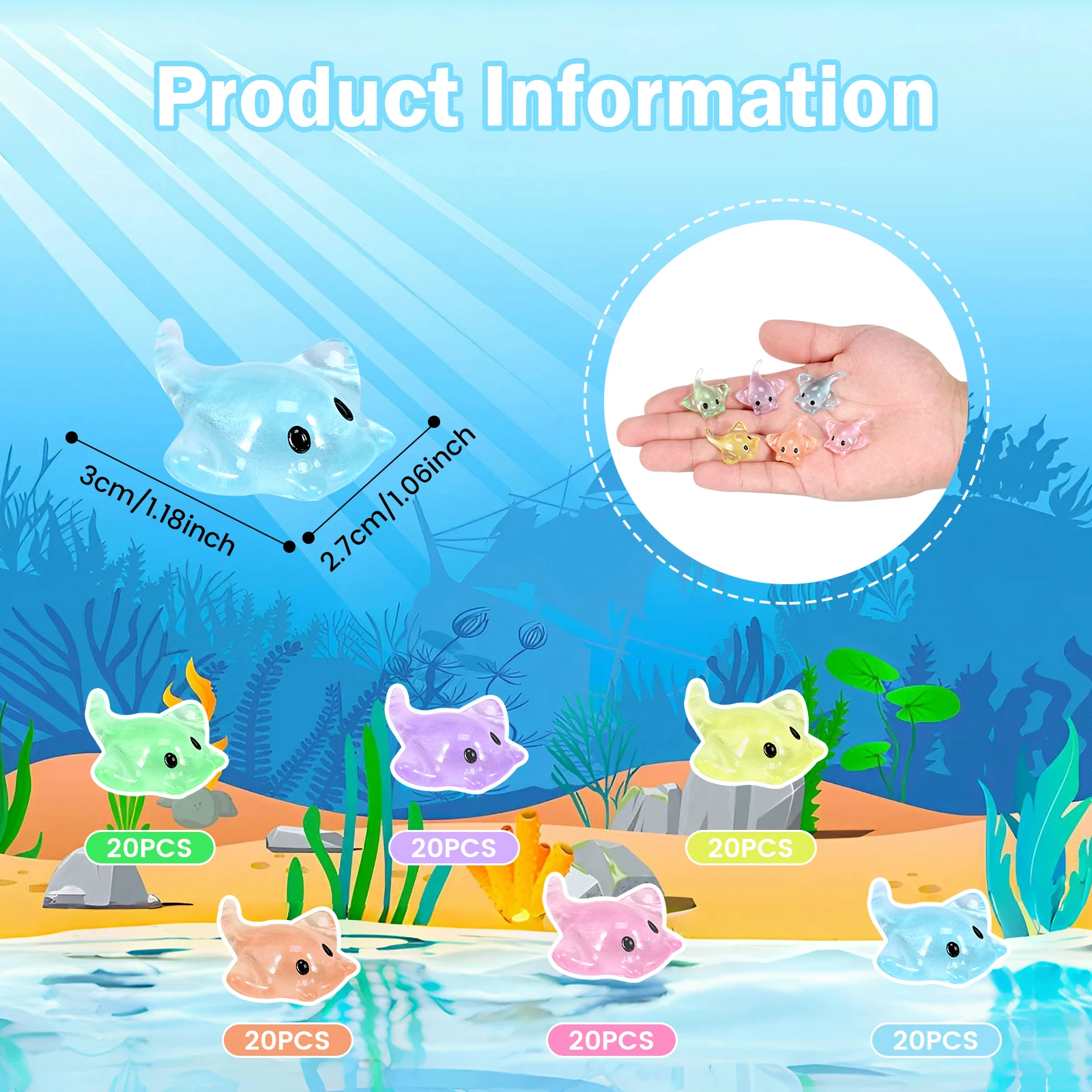 120Pcs Mini Sting Ray Figures Miniature Resin Stingrays Figurines Realistic Cute Sting Ray Decoration 6 Colors Portable Tiny