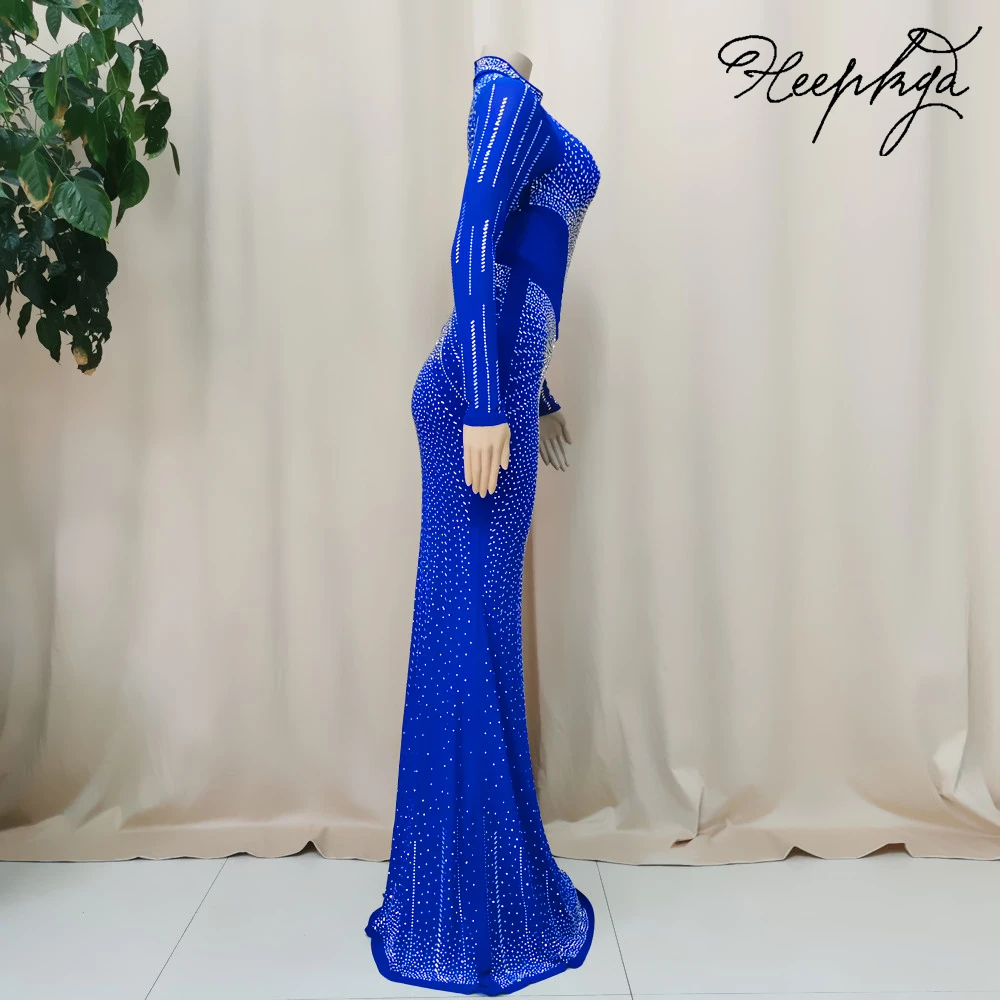 Long Sleeves Royal Blue Luxury Evening Dress High Neck Mermaid Chic Beading Crystals Women Prom Gowns For Wedding Party