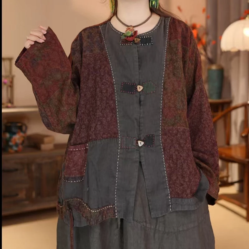 

Новинка 2026 года: Женские повседневные свободные куртки и пальто с длинным рукавом, круглым вырезом, на одной пуговице, в стиле пэчворк, весна-осень YH142