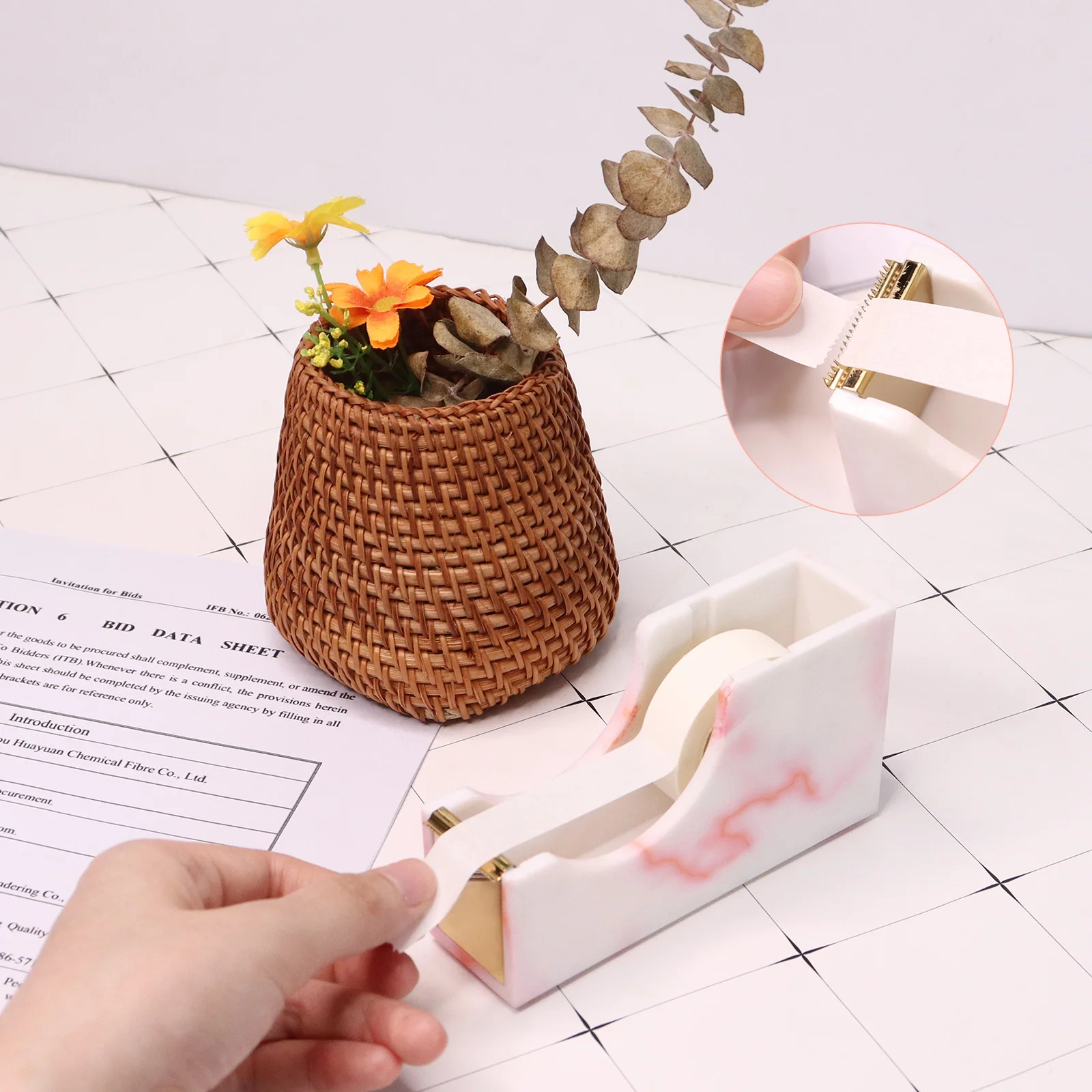 Pink Marbled Washi Tape Dispenser Non-Slip Base Design Gold Stainless Steel Metal Blade School Office Stationery Supplies