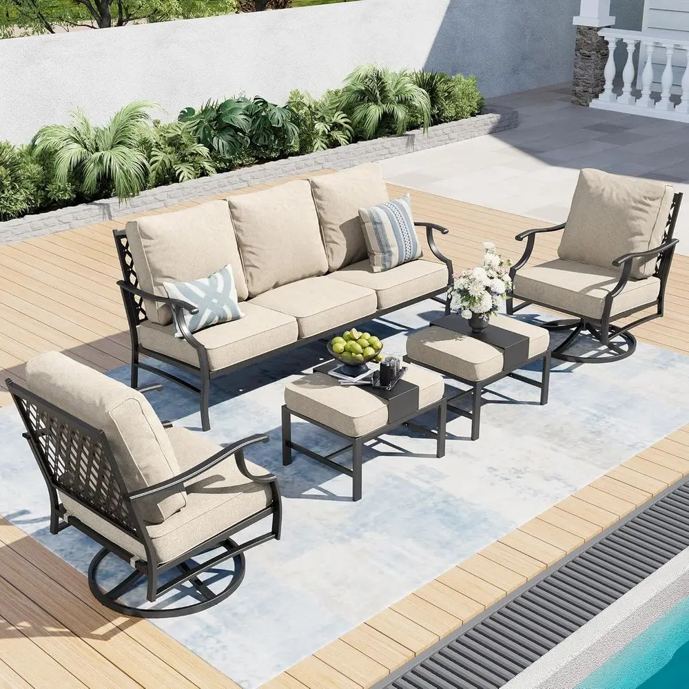 

Elegant Metal Outdoor Patio Furniture Set with 3-Seater Sofa, 2 Swivel Chairs, 2 Ottomans, and 5.75 Thick Cushions for Patio or