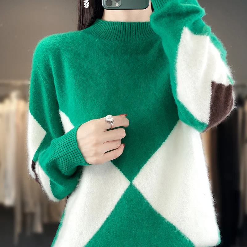 Autumn Winter 100% Merino Wool Sweater Mock-Neck Pullover Contrast Color Cashmere  Classic Long Sleeves Clothing Top
